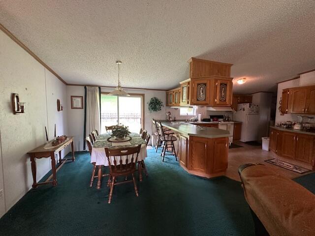 10830 Voris Rd, Logan, OH 43138 - dining room featuring a textured ceiling, ornamental molding, and dark carpet