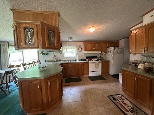 10830 Voris Rd, Logan, OH 43138 - kitchen featuring white appliances, a textured ceiling, under cabinet range hood, brown cabinets, and light countertops