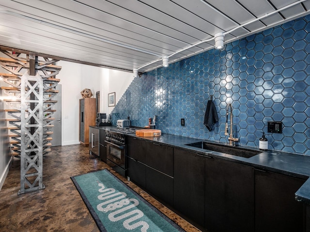 60 E Spring St Unit 214, Columbus, OH 43215 - bar area with high end black range oven, decorative backsplash, and concrete floors