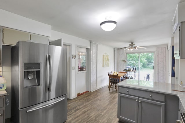 285 E Broad St, Pataskala, OH 43062 - kitchen featuring stainless steel fridge, gray cabinetry, ceiling fan, and healthy amount of natural light
