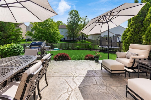 9188 Colonial Commons Dr, Columbus, OH 43240 - fenced backyard with a patio, a trampoline, outdoor dining area, a grill, and outdoor lounge area