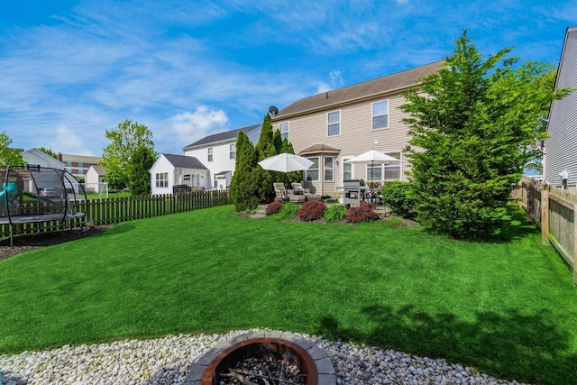 9188 Colonial Commons Dr, Columbus, OH 43240 - fenced backyard with a trampoline, a residential view, an outdoor fire pit, and a patio