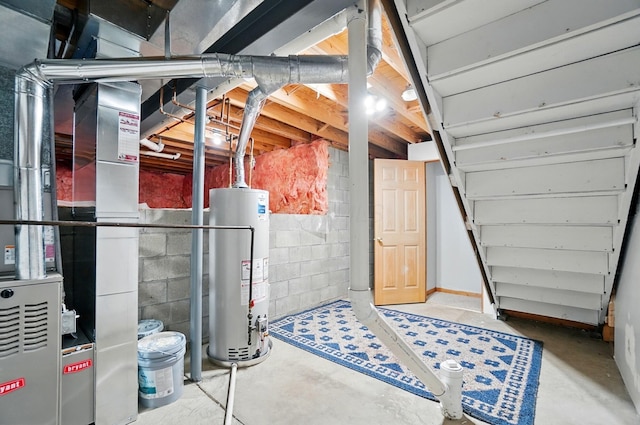 8578 Bivouac Pl, Galloway, OH 43119 - unfinished below grade area featuring gas water heater, heating unit, and concrete block wall