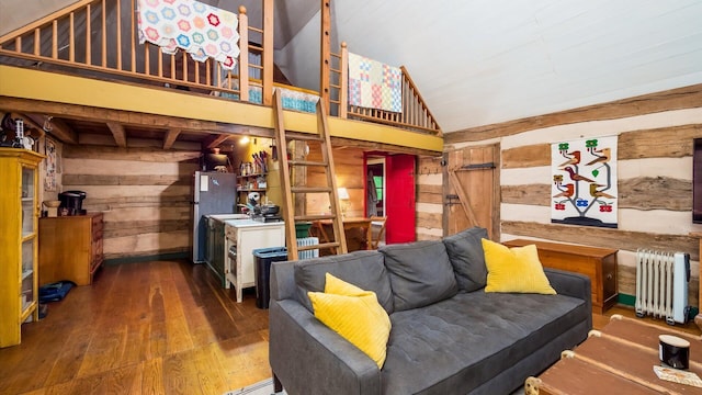 24000 State Route 180, Rockbridge, OH 43149 - living area with radiator, wooden walls, wood-type flooring, and lofted ceiling