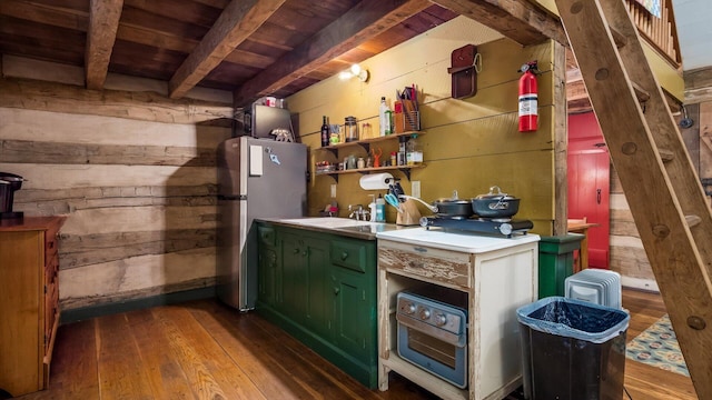 24000 State Route 180, Rockbridge, OH 43149 - bar area with freestanding refrigerator, wood-type flooring, a wood ceiling with exposed beams, and wood walls