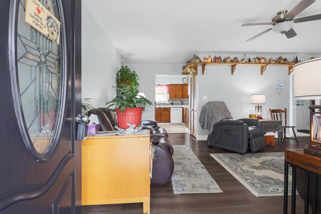 568 Swackhammer Rd, Circleville, OH 43113 - living room with a ceiling fan and dark wood-type flooring