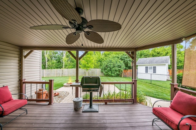 4051 Tamarack Ave, Grove City, OH 43123 - deck featuring a fenced backyard, a ceiling fan, grilling area, and an outdoor living space