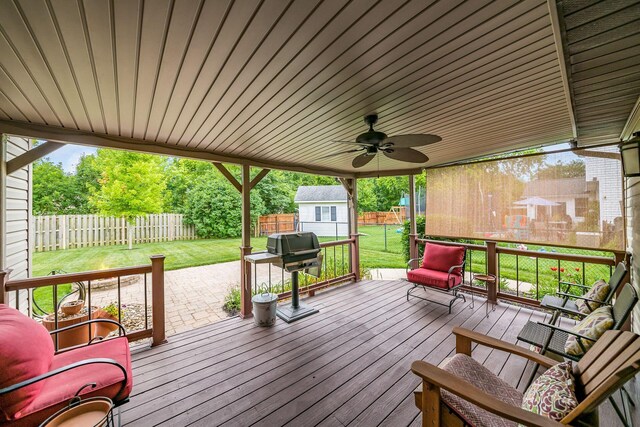 4051 Tamarack Ave, Grove City, OH 43123 - wooden terrace with a fenced backyard, area for grilling, a shed, and ceiling fan