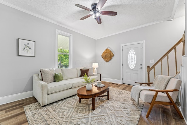 264 W High St, Mount Gilead, OH 43338 - living area featuring a textured ceiling, healthy amount of natural light, crown molding, ceiling fan, and wood finished floors