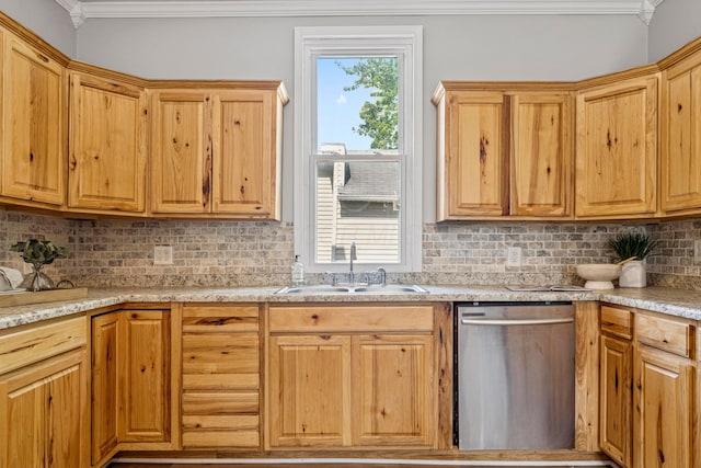 264 W High St, Mount Gilead, OH 43338 - kitchen with dishwasher, ornamental molding, tasteful backsplash, and light countertops