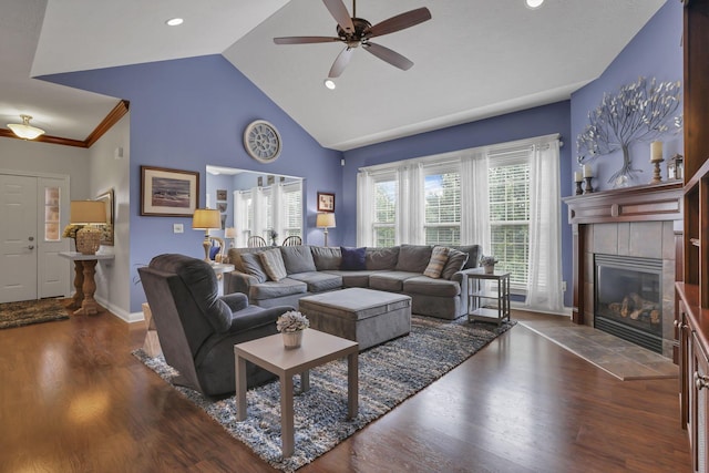 5685 Slater Rdg, Hilliard, OH 43026 - living area featuring ceiling fan, a tiled fireplace, wood finished floors, high vaulted ceiling, and recessed lighting