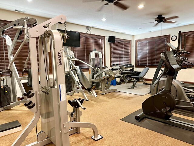 5685 Slater Rdg, Hilliard, OH 43026 - gym with ceiling fan, carpet, and recessed lighting