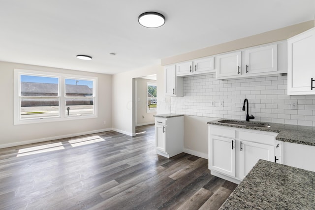 2045 Joyce Ave, Columbus, OH 43219 - kitchen with dark stone counters, decorative backsplash, dark wood-style floors, and white cabinets