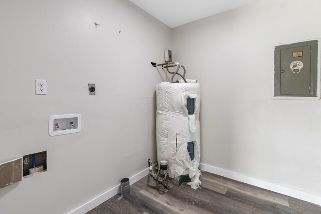 2045 Joyce Ave, Columbus, OH 43219 - washroom with electric panel, electric dryer hookup, wood finished floors, and hookup for a washing machine