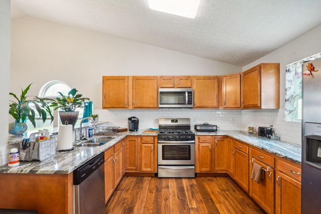 921 Harbinger Cir E, Columbus, OH 43213 - kitchen with appliances with stainless steel finishes, lofted ceiling, tasteful backsplash, brown cabinets, and dark wood finished floors