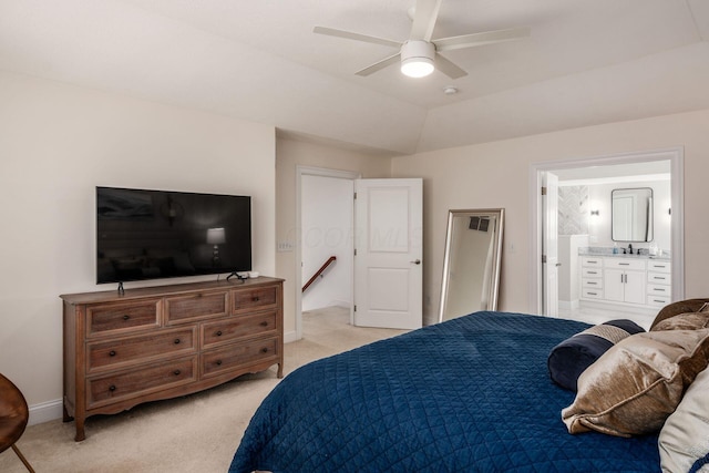 7212 New Albany Links Dr, New Albany, OH 43054 - bedroom with light colored carpet, connected bathroom, ceiling fan, and vaulted ceiling