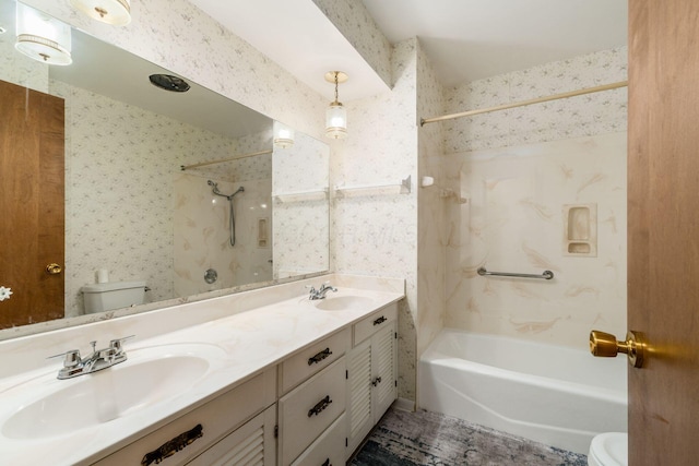 893 Singing Hills Ln, Columbus, OH 43235 - full bathroom with bathing tub / shower combination, double vanity, and wallpapered walls