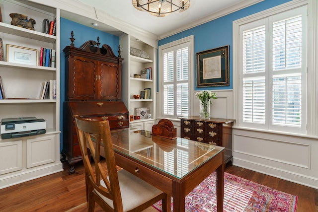 33 E Frankfort St, Columbus, OH 43206 - dining space with dark wood-style flooring, built in features, crown molding, and a decorative wall