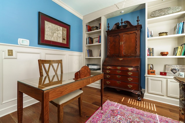 33 E Frankfort St, Columbus, OH 43206 - office featuring built in shelves, a wainscoted wall, a decorative wall, and wood finished floors