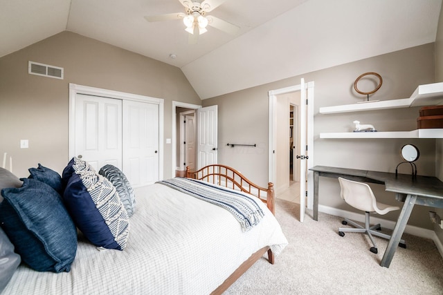 8918 Filiz Ln, Powell, OH 43065 - bedroom featuring lofted ceiling, light carpet, a closet, an office area, and a ceiling fan