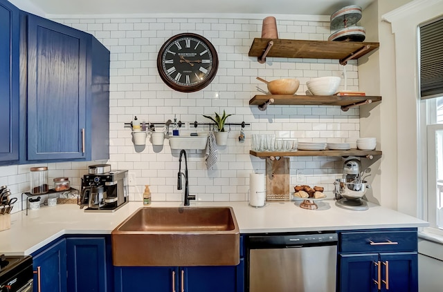 573 E Mithoff St, Columbus, OH 43206 - kitchen with open shelves, dishwasher, blue cabinets, and backsplash