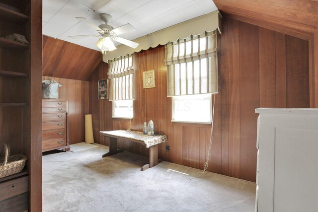 2083 Welsh Hills Rd, Granville, OH 43023 - interior space with vaulted ceiling, wood walls, and ceiling fan