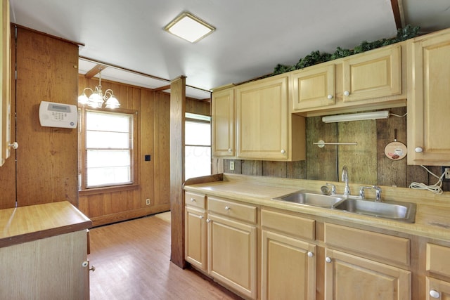 2083 Welsh Hills Rd, Granville, OH 43023 - kitchen featuring healthy amount of natural light, light wood-style floors, light brown cabinets, and wooden walls