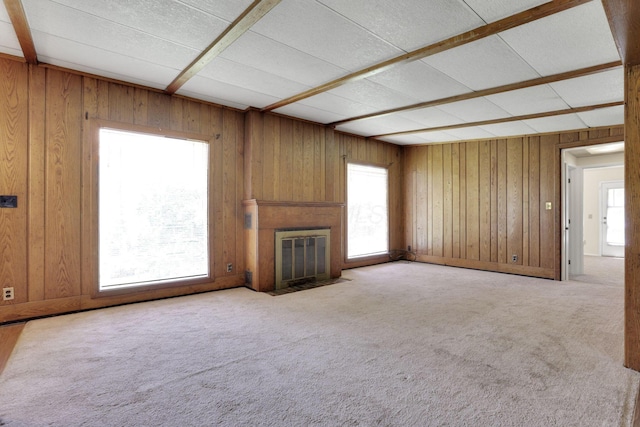 2083 Welsh Hills Rd, Granville, OH 43023 - unfurnished living room with healthy amount of natural light, a fireplace with flush hearth, carpet flooring, and wooden walls