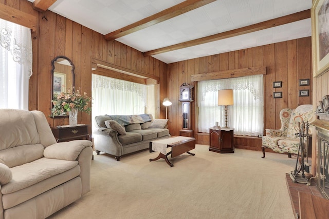 2083 Welsh Hills Rd, Granville, OH 43023 - carpeted living room with wooden walls and beam ceiling
