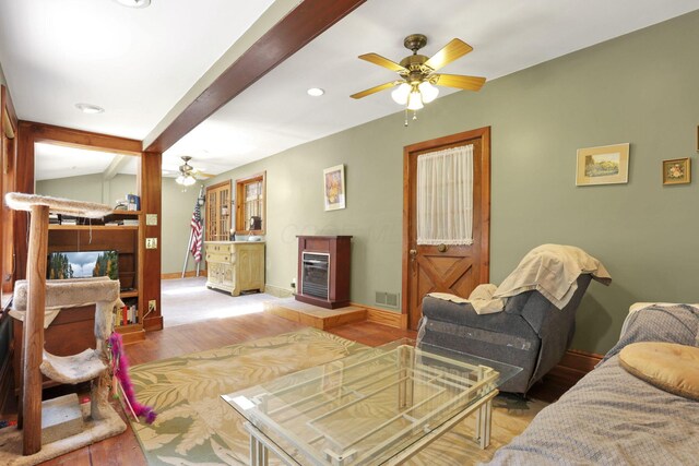 2083 Welsh Hills Rd, Granville, OH 43023 - living room featuring ceiling fan, wood finished floors, a fireplace, beamed ceiling, and recessed lighting