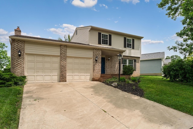 2268 Worthingwoods Blvd, Powell, OH 43065 - traditional-style house with brick siding, a garage, concrete driveway, a front yard, and a chimney
