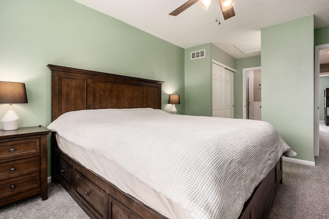 3381 Fishinger Mill Dr, Hilliard, OH 43026 - bedroom with light colored carpet, a closet, attic access, and a ceiling fan