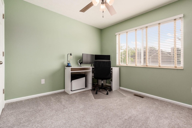 3381 Fishinger Mill Dr, Hilliard, OH 43026 - carpeted home office with ceiling fan and baseboards