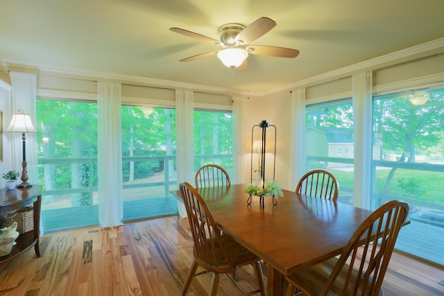 120 Hickory Ln, Lancaster, OH 43130 - dining room featuring crown molding, a ceiling fan, and wood finished floors