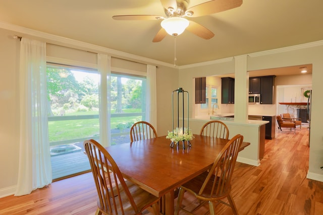 120 Hickory Ln, Lancaster, OH 43130 - dining room with light wood finished floors, ornamental molding, and a ceiling fan