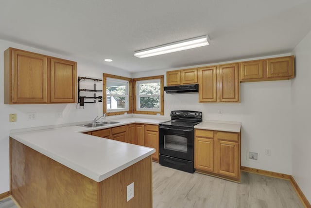 6228 Patton Rd NE, Newark, OH 43055 - kitchen featuring black electric range, exhaust hood, light wood-type flooring, a peninsula, and light countertops
