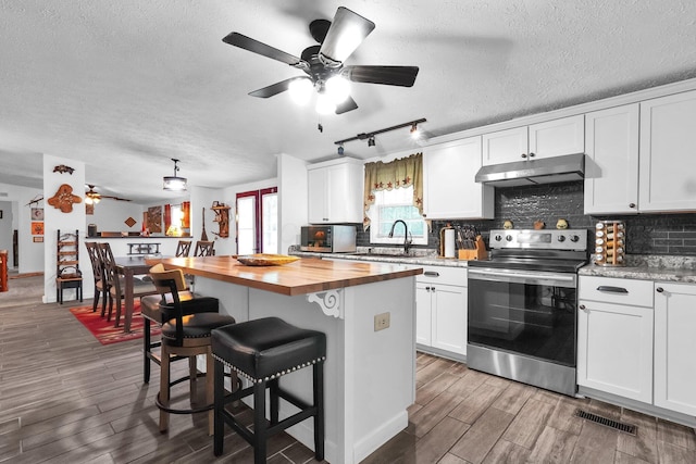 562 Bowman Ln, Chillicothe, OH 45601 - kitchen with stainless steel range with electric cooktop, under cabinet range hood, wooden counters, a ceiling fan, and a textured ceiling