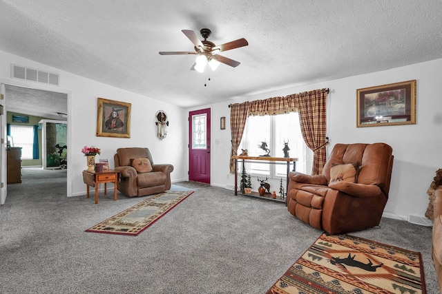 562 Bowman Ln, Chillicothe, OH 45601 - living area with ceiling fan, a textured ceiling, healthy amount of natural light, and carpet
