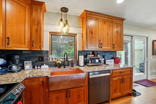 8384 Morris Rd, Hilliard, OH 43026 - kitchen featuring stainless steel dishwasher, tasteful backsplash, brown cabinets, and light stone countertops