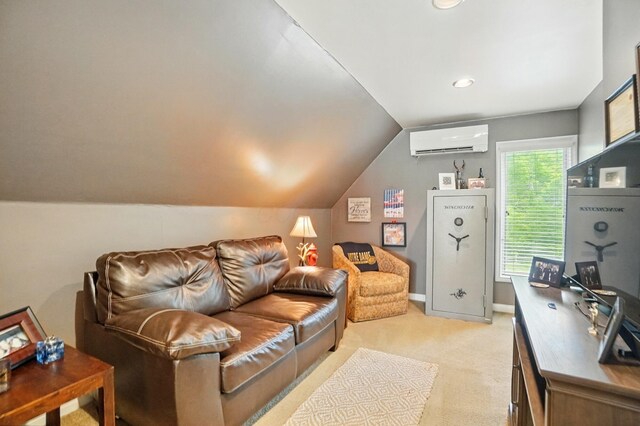 8384 Morris Rd, Hilliard, OH 43026 - living area with a wall unit AC, light carpet, vaulted ceiling, and recessed lighting