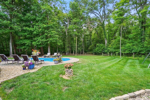 8384 Morris Rd, Hilliard, OH 43026 - view of green lawn featuring an outdoor pool, a patio area, and a forest view