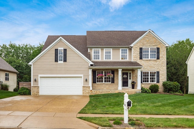 2467 Roe Dr, Lewis Center, OH 43035 - traditional-style house featuring stone siding, driveway, an attached garage, a shingled roof, and a front yard