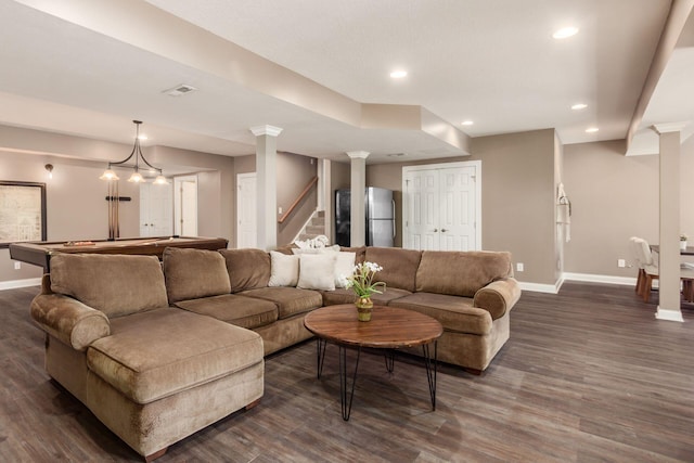 2467 Roe Dr, Lewis Center, OH 43035 - living area featuring dark wood-style flooring, stairs, recessed lighting, pool table, and ornate columns
