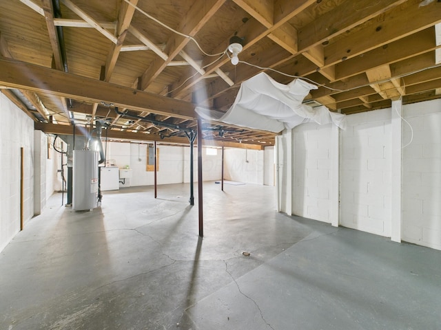 6343 Birchview Dr S Unit 6343-6345, Reynoldsburg, OH 43068 - unfinished below grade area featuring water heater, concrete block wall, and washing machine and dryer