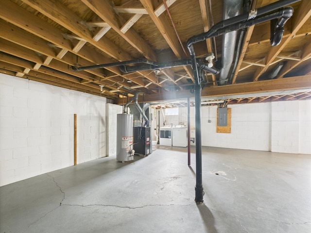 6343 Birchview Dr S Unit 6343-6345, Reynoldsburg, OH 43068 - unfinished below grade area with gas water heater, independent washer and dryer, electric panel, heating unit, and concrete block wall