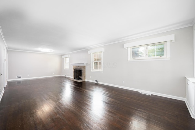 1608 Arlington Ave, Marble Cliff, OH 43212 - unfurnished living room with plenty of natural light, dark wood-style flooring, a brick fireplace, and ornamental molding