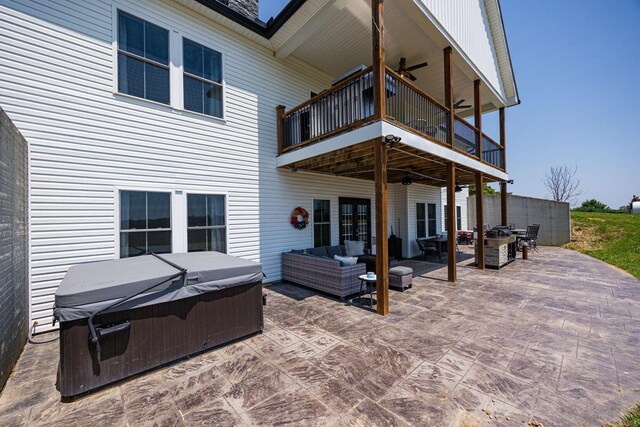 1526 Crosley Rd, Granville, OH 43023 - rear view of house with a hot tub, ceiling fan, an outdoor living space, and a patio area