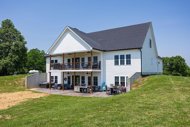 1526 Crosley Rd, Granville, OH 43023 - rear view of property with ceiling fan, an outdoor hangout area, a lawn, a patio, and a shingled roof