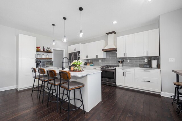 1526 Crosley Rd, Granville, OH 43023 - kitchen featuring stainless steel appliances, custom exhaust hood, open shelves, dark wood-style floors, and recessed lighting