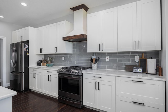 1526 Crosley Rd, Granville, OH 43023 - kitchen featuring appliances with stainless steel finishes, custom range hood, dark wood finished floors, tasteful backsplash, and recessed lighting